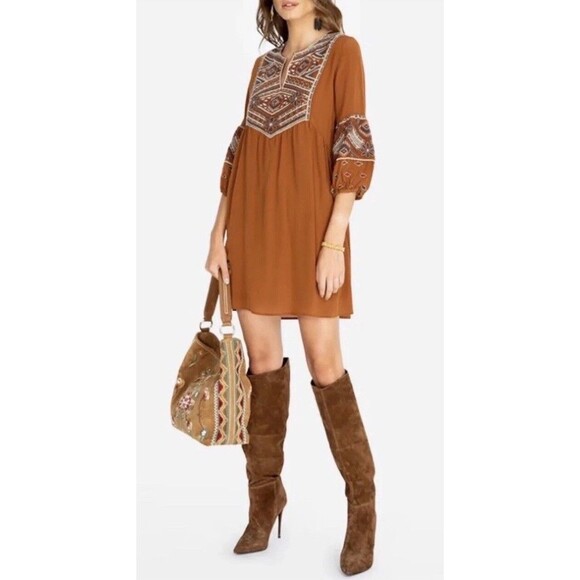 Johnny Was Workshop Molly Jo Paris Embroidered Brown Silk Tunic Dress Large - Picture 2 of 11